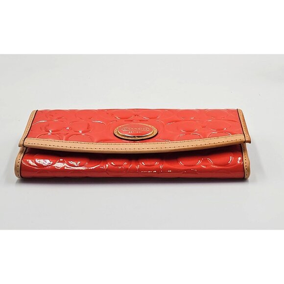 Coach Women's Orange Beige Patent Leather Signature Embossed Wallet Size L 2727 - Picture 8 of 10